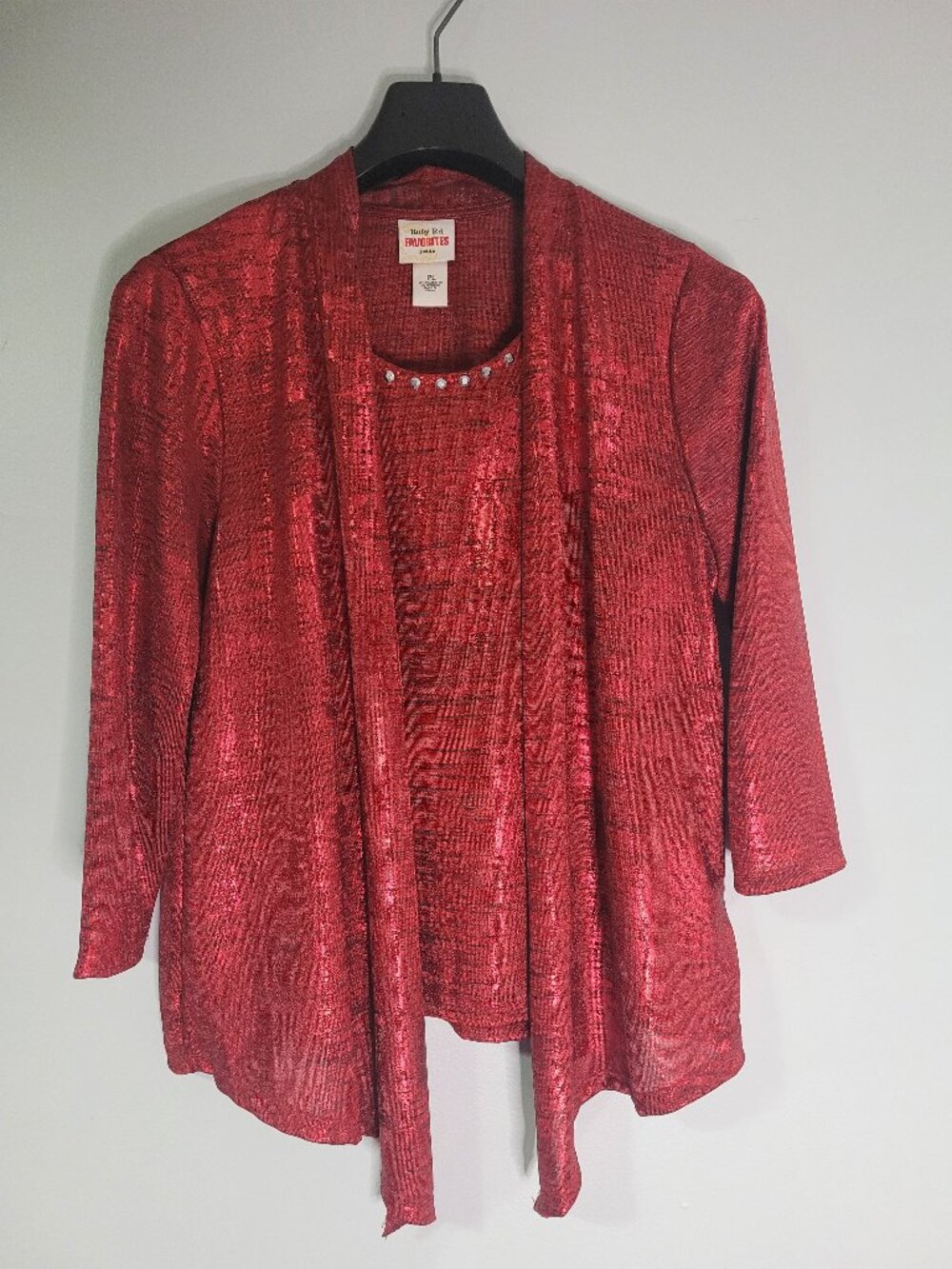 Ruby Rd. Favorites Petite Women's Red Shimmer Top & Cardigan Set
